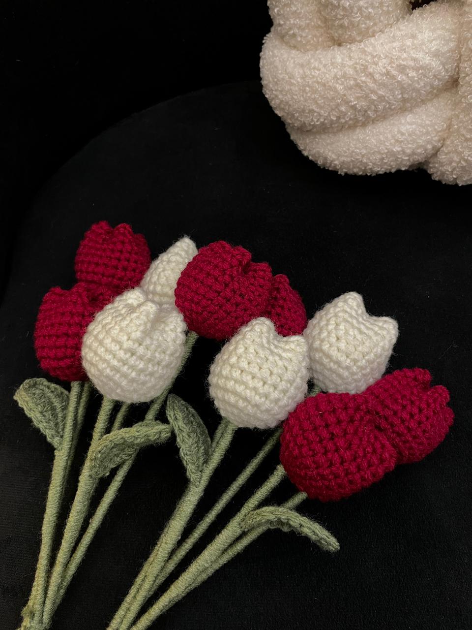 A handmade crochet tulip bouquet
